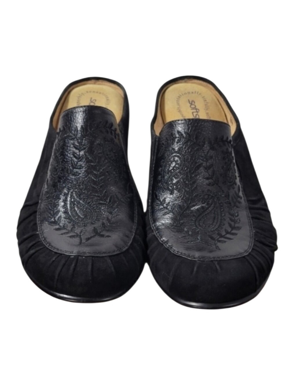 Softspots Black Nubuck Leather Slip-On Shoes Embroidered Comfort Flats
